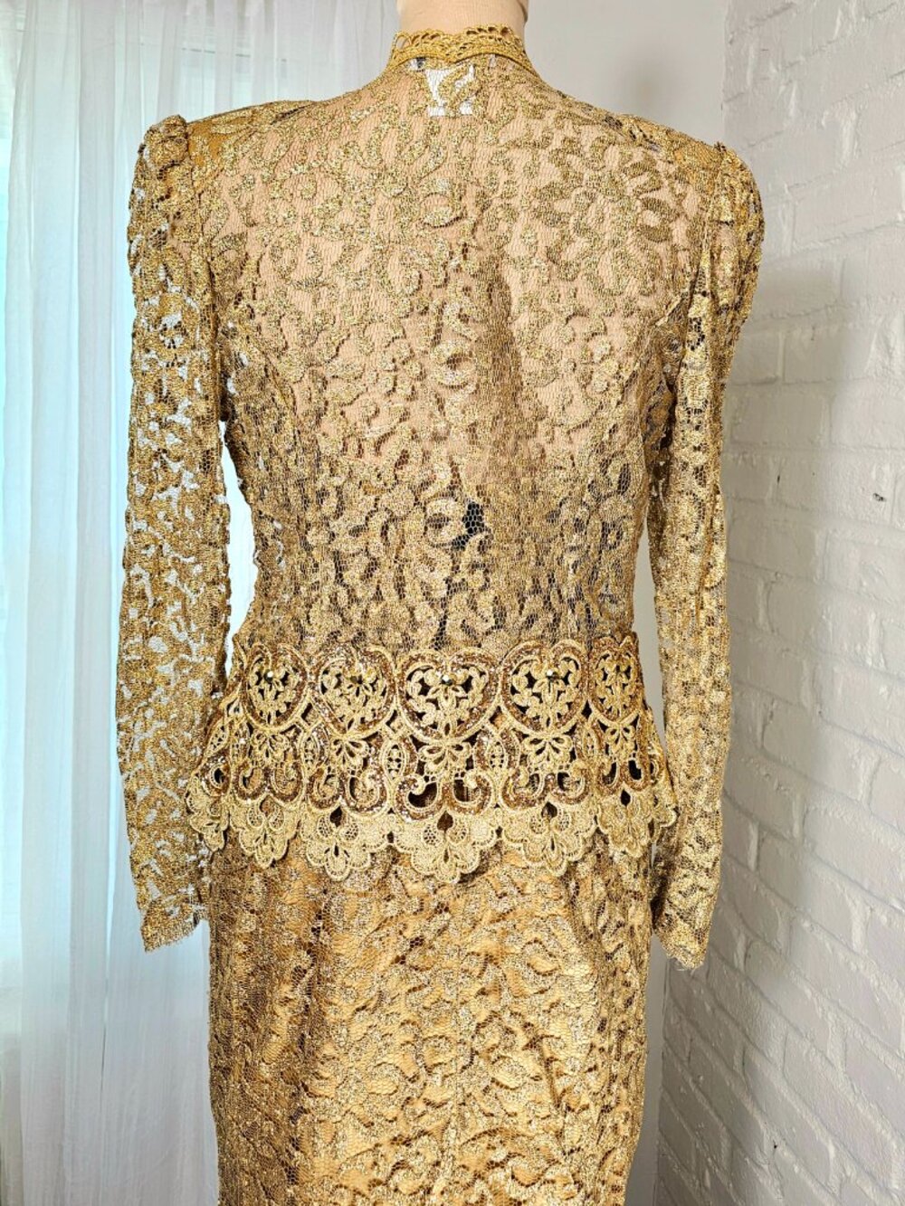 Vintage Jessica McClintock Gold Lace Dress Set Formal Evening Dress US 4 - Picture 7 of 11